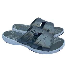 Womens Sandals Silver Leaf Print Mandy Slides Adjustable Strap Size 9 Shoes VGC﻿